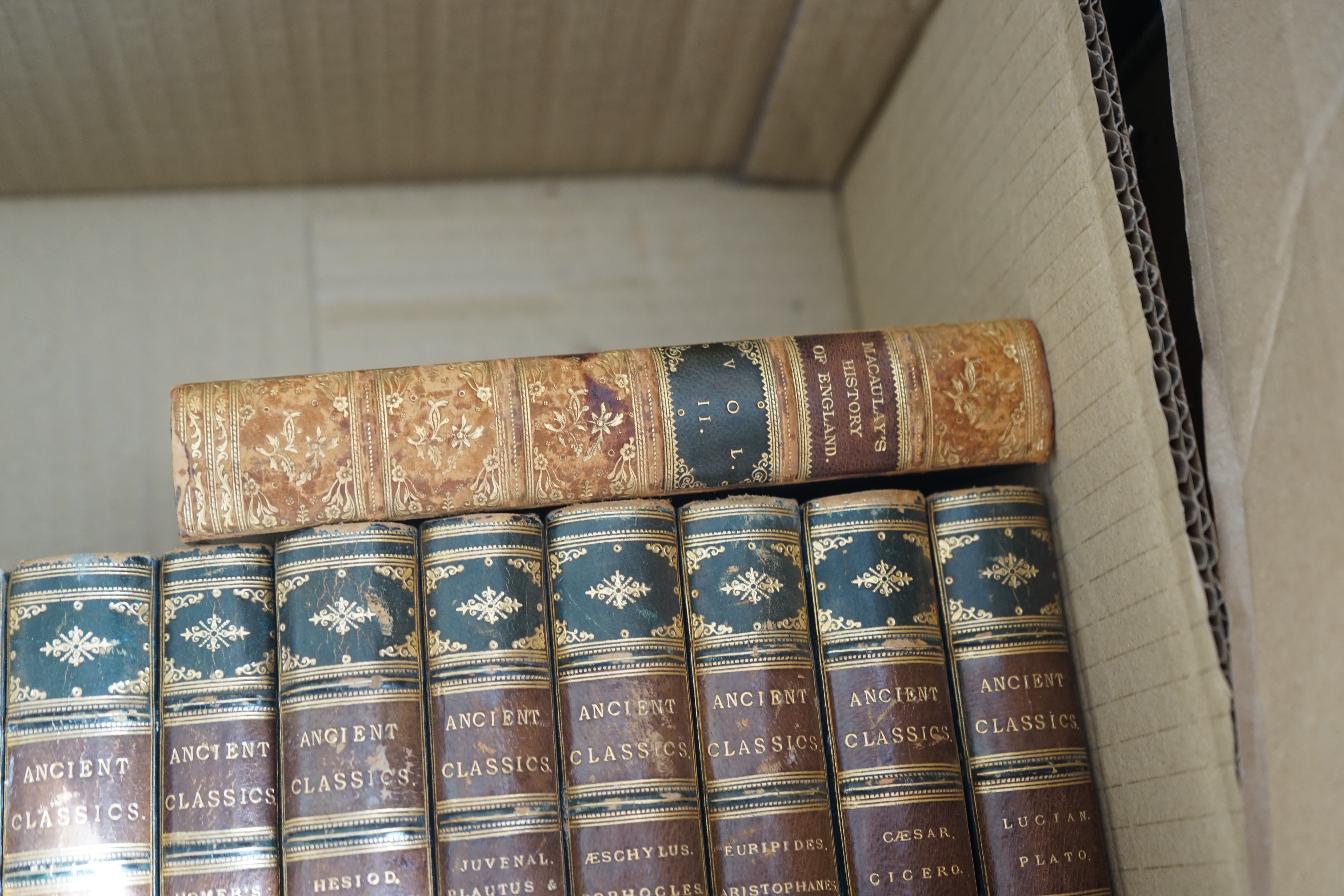 BINDINGS - Macaulay, Thomas Babington - The History of England, 8 vols, 8vo, tree calf, Longmans, Green, and Co., London, 1869 and Collins, W. Lucas (editor) - Ancient Classics for English Readers, 10 vols, half blue mor